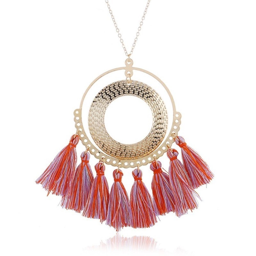 *CICELY* Round Gold Pendant Tassel Style Necklace